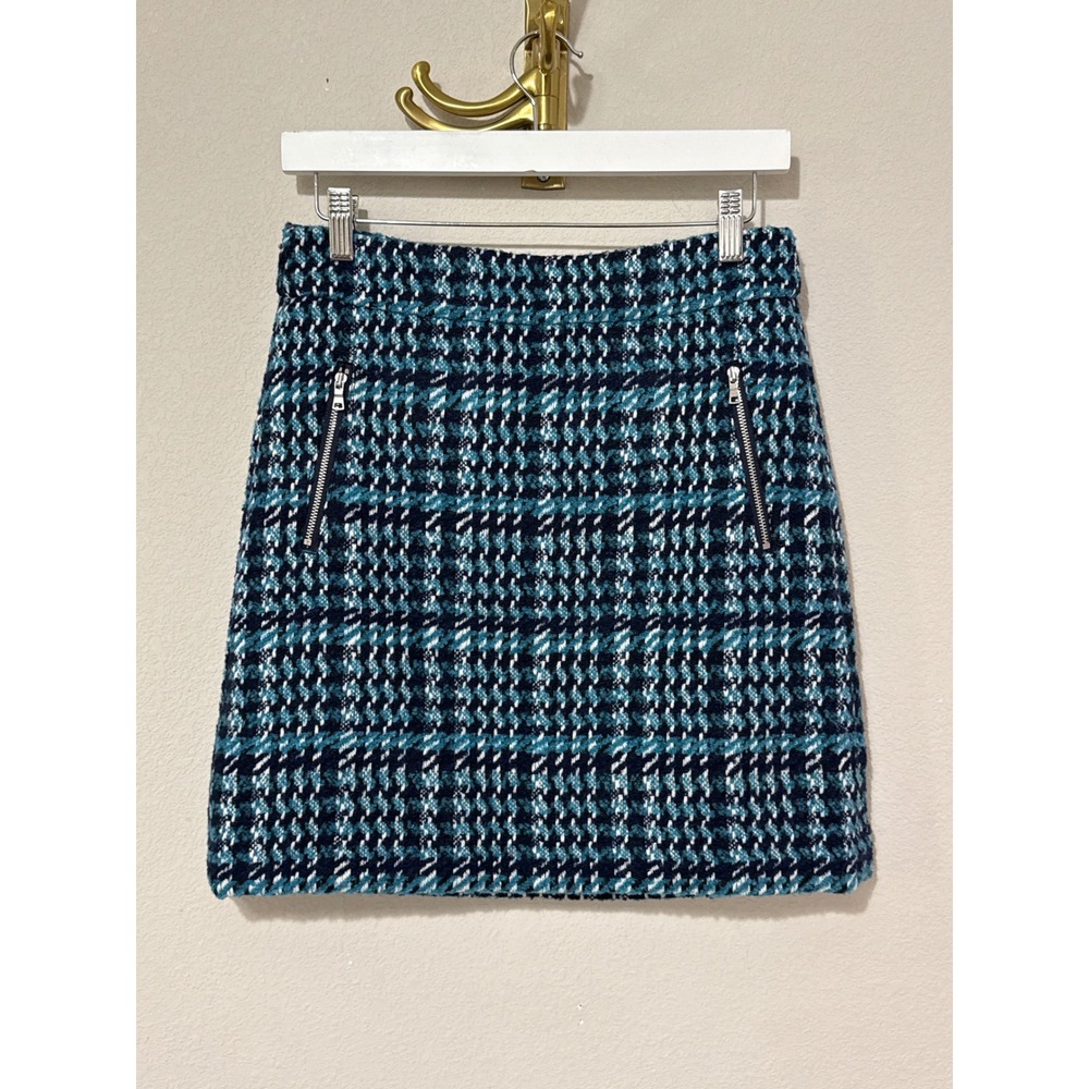 NWT Loft Tweed Mini Skirt Women 0 Blue Teal Plaid Wool Blend Zipper Pockets NWT